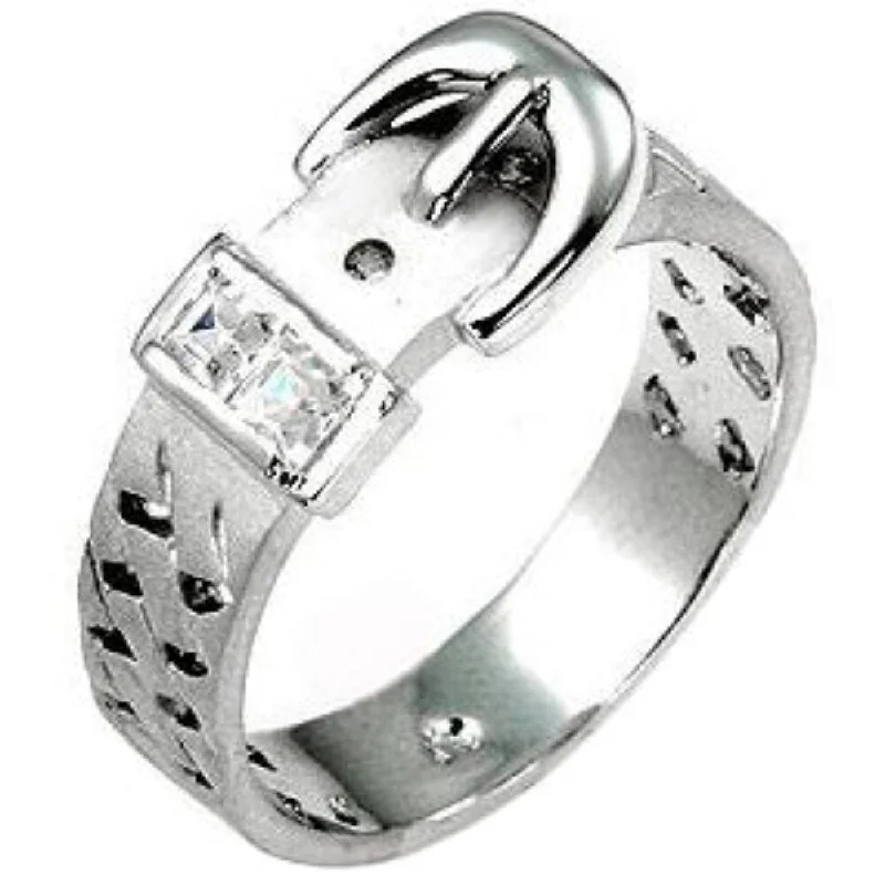 Women’s floral engagement rings-Bezel Cubic Zirconia Silver-Tone Buckle Ring