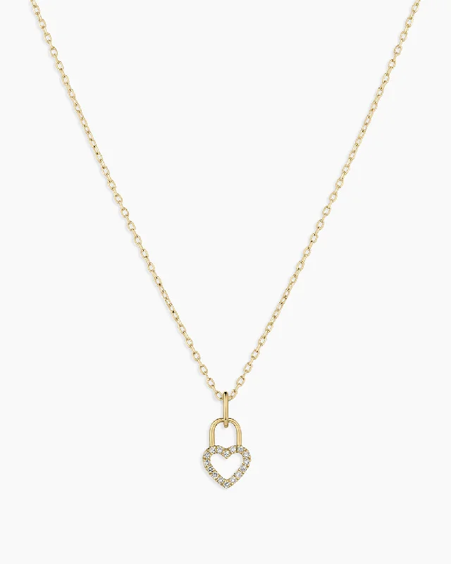 Women’s silver heart necklaces-Diamond Heart Padlock Charm Necklace