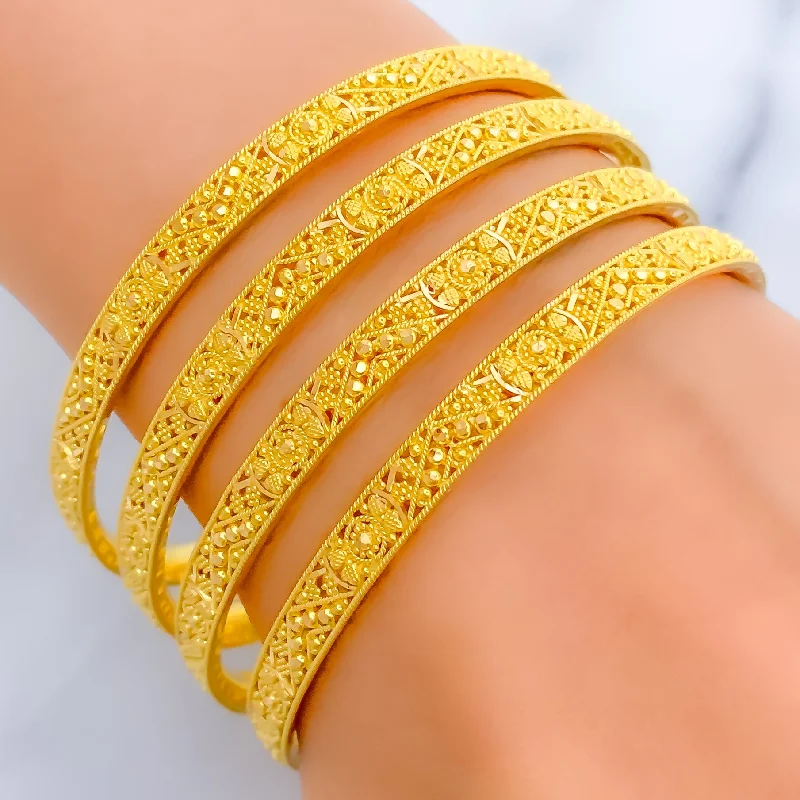 Women’s silver cuff bracelets-Exclusive Evergreen Beaded Flower 22k Gold Bangles