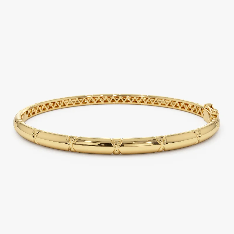 Women’s charm bangles-14K 4MM Dome X Cut Design Gold Bangle