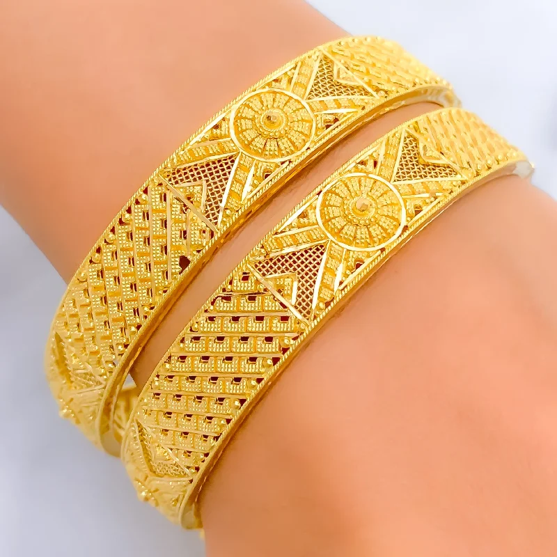 Women’s personalized bracelets-Glimmering Floral 22k Gold Netted Bangle Pair