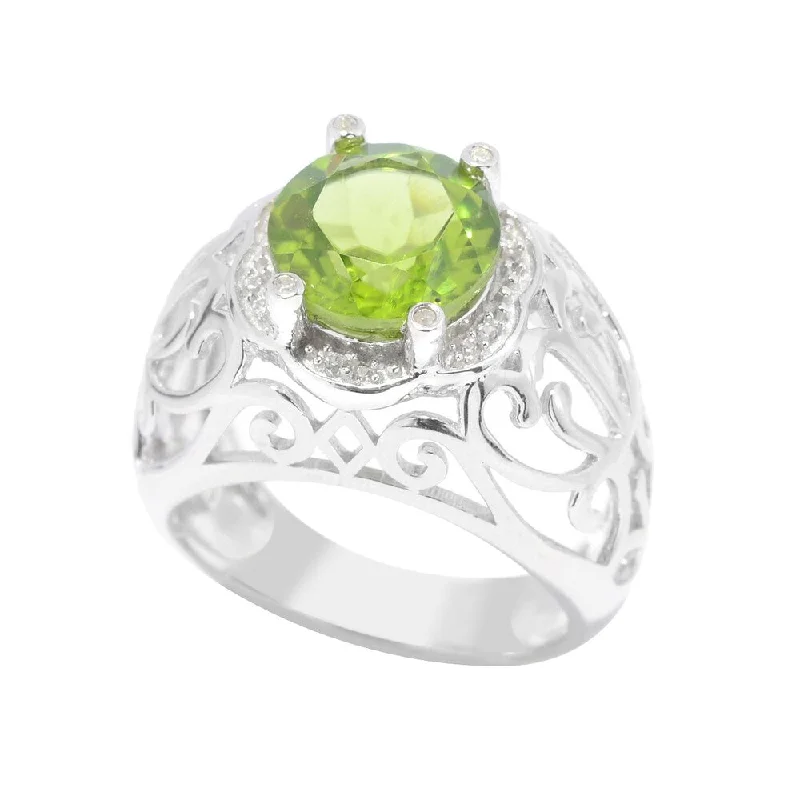 Women’s chunky rings-Sterling Silver Peridot and White Zircon Scrollwork Ring