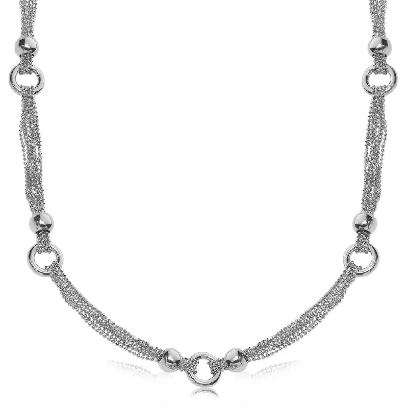 Women’s art deco rings-Sterling Silver Rhodium Plated Multi Strand Bead Chain Necklace with Ring Motifs