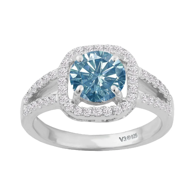 Women’s vintage engagement rings-Sterling Silver Blue Moissanite and White Diamond Halo Ring