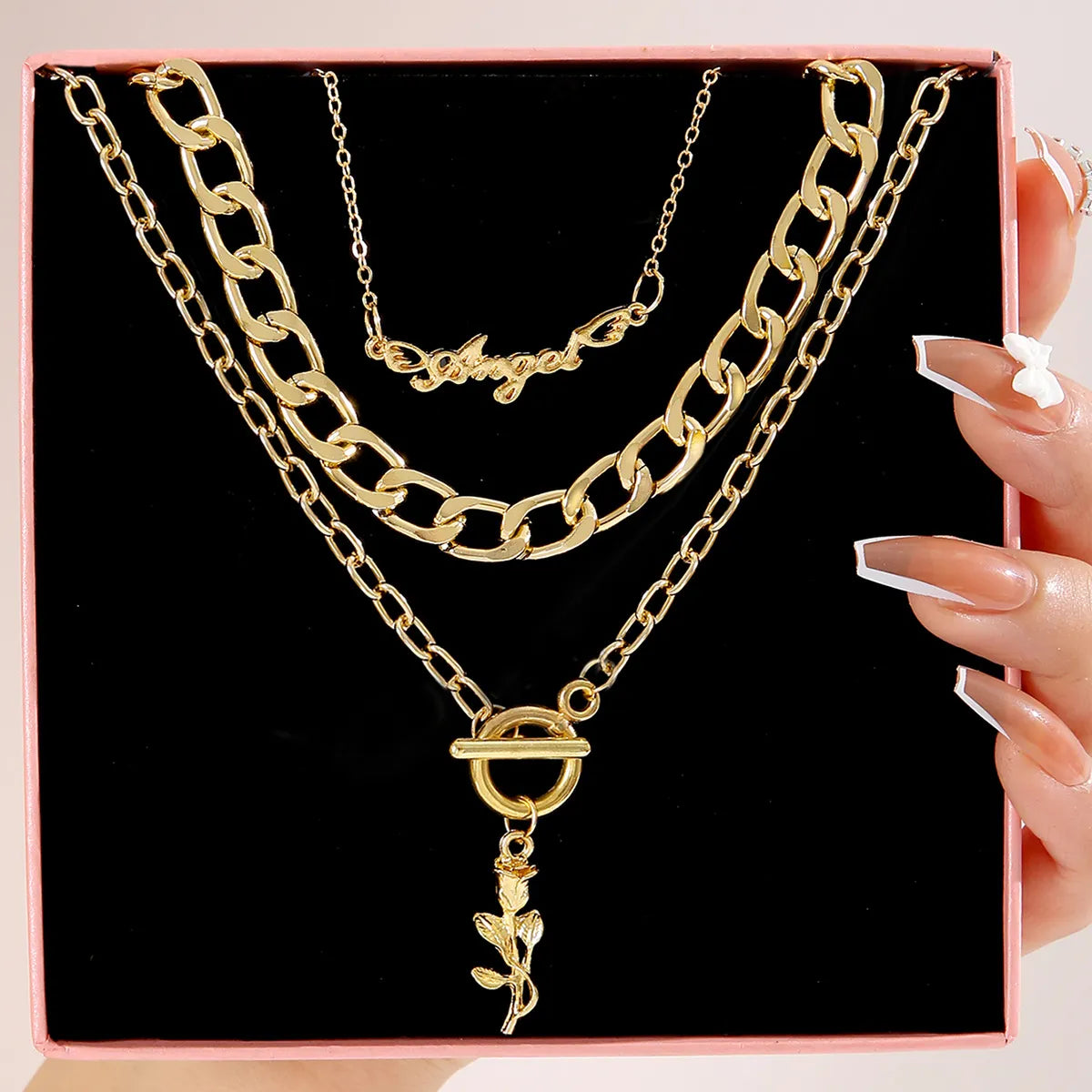 Women’s polished gold necklaces-Fashion Simple Multi-layer Rose Pendant Chain Necklace Wholesale