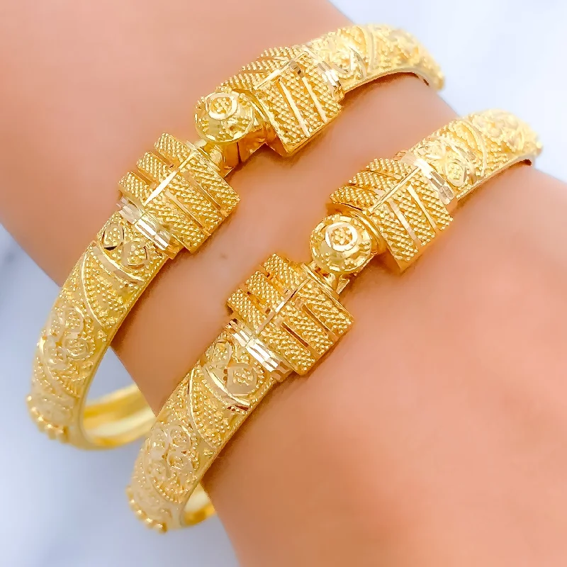 Women’s elegant charm bracelets-Unique Triangle Accented 22k Gold Flat Bangles