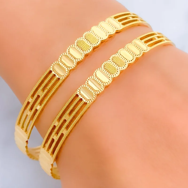 Women’s elegant bangles-Delightful Striped 22k Gold Bangle Pair