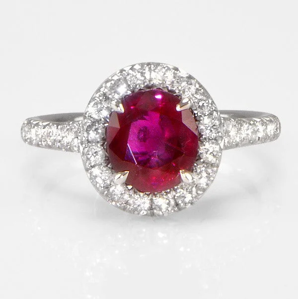 Women’s yellow gold engagement rings-"LADRG01457" One Of A Kind Ruby Diamond Engagement Ring Halo Split Platinum Band