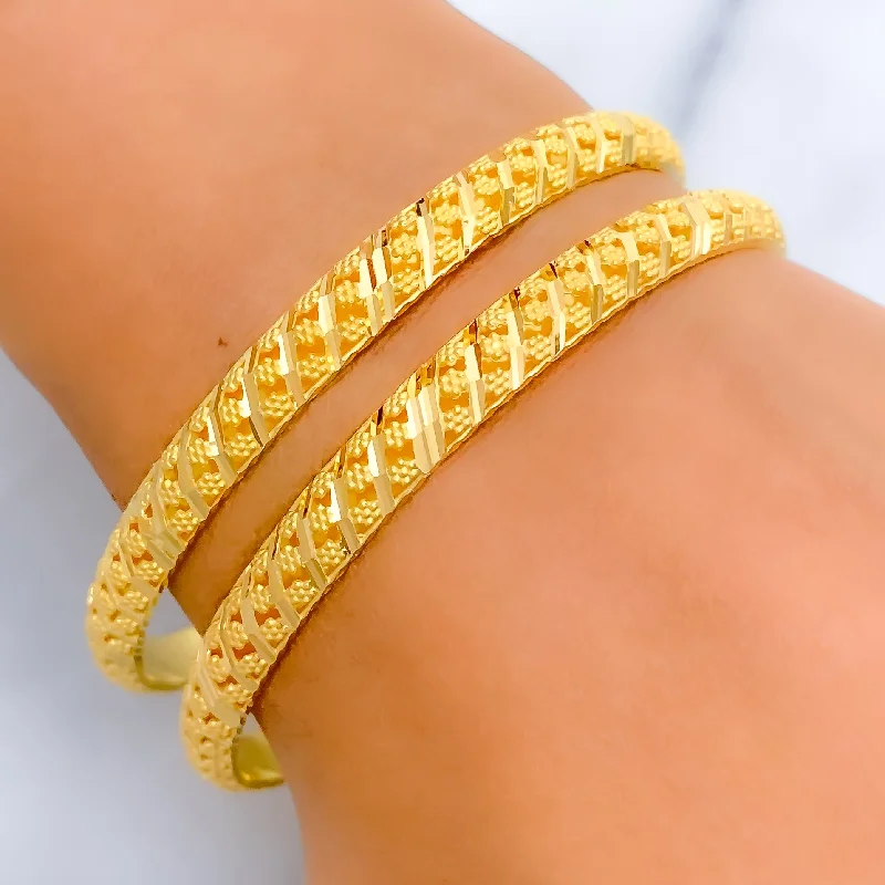 Women’s crystal bracelets for women-Sparkling Striped 21k Gold Bangles