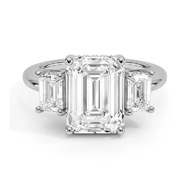 Women’s diamond engagement rings-Hidden Halo Emerald Cut Three Stone Moissanite Engagement Ring