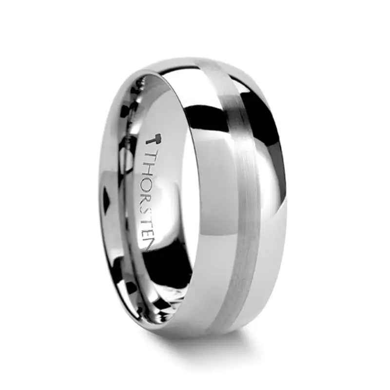 Women’s emerald cut engagement rings-BELLATOR Domed with Brushed Stripe Tungsten Wedding Ring