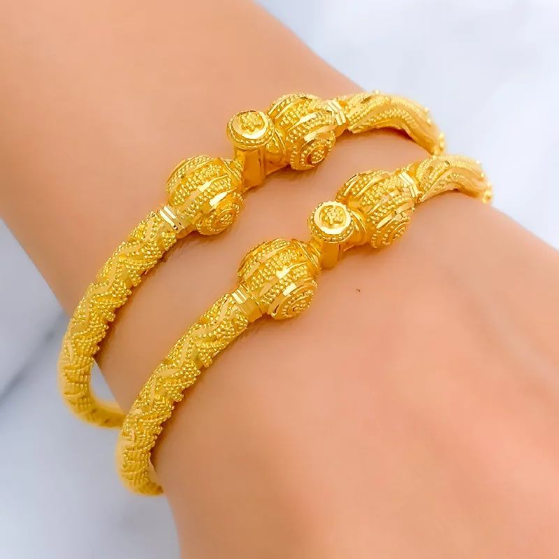 Women’s rhinestone bracelets-Wavy Grandiose 22k Gold Pipe Bangles