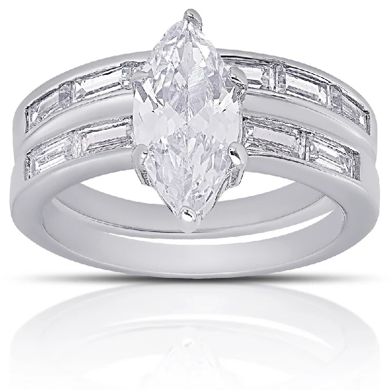 Women’s simple rings-Dolce Giavonna Silver Overlay Marquise-cut Cubic Zirconia Bridal Ring Set