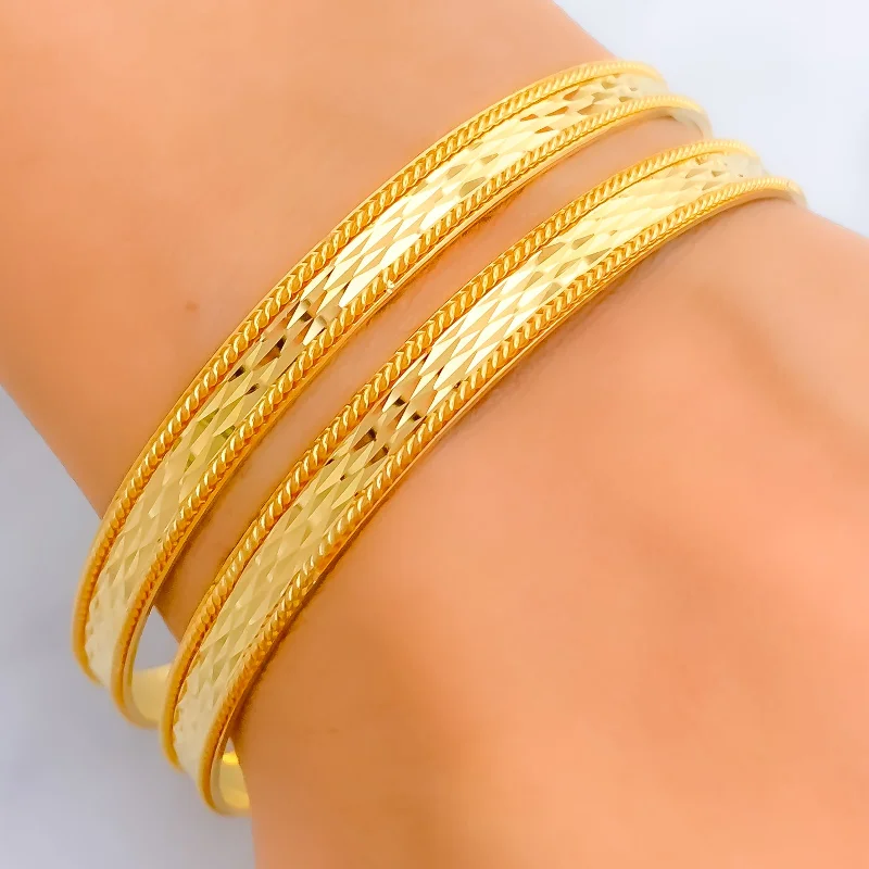 Women’s floral bracelets-Textured Striking Bright 21k Gold Bangles