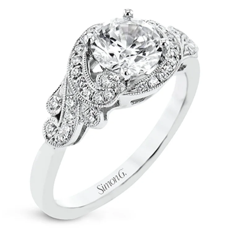 Women’s simple engagement rings-A vintage-inspired engagement ring that makes a statement with .20 ctw of white diamonds swirling aroung the center diamond.