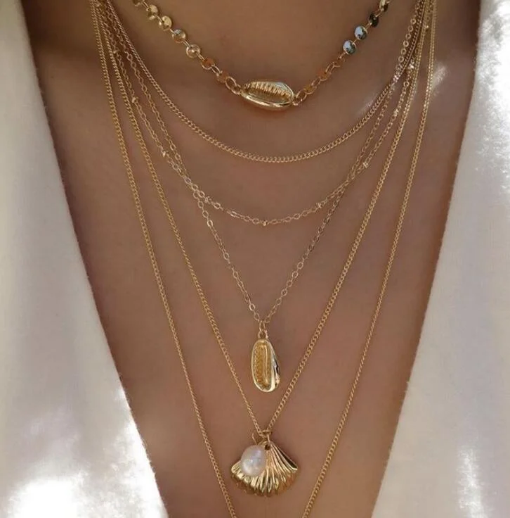 Women’s gold plated diamond necklaces-Ethnic Alloy Inlaid Pearl Shell Multilayer Geometric Circle Necklace Wholesale