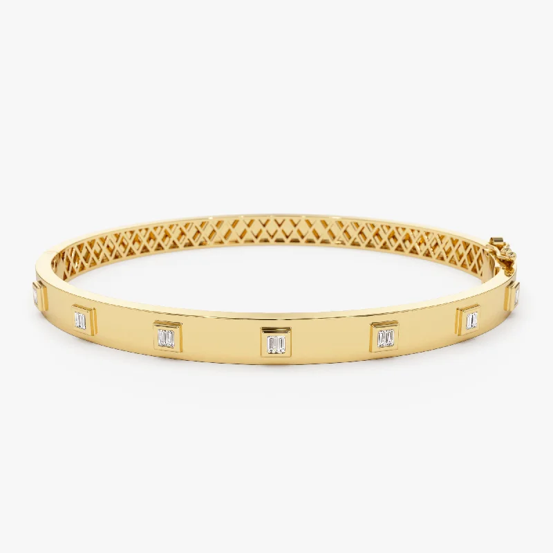 Women’s leather bangle bracelets-14k Gold Baguette Diamond Bezel Setting Statement Bangle