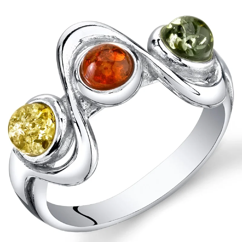 Women’s rose gold rings-Three-stone Amber Ring in Sterling Silver