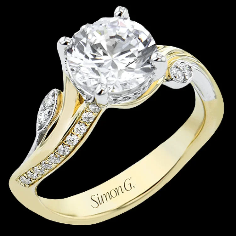 Women’s personalized engagement rings-This unique two-tone engagement ring has a sculpted look and accent diamonds 0.21 ctw set to look like petals and dew drops, flanking the center stone