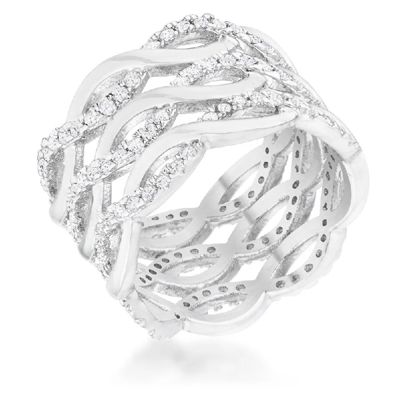 Women’s gemstone rings-Contemporary 0.88ct CZ Rhodium Twist Wide Cocktail Ring