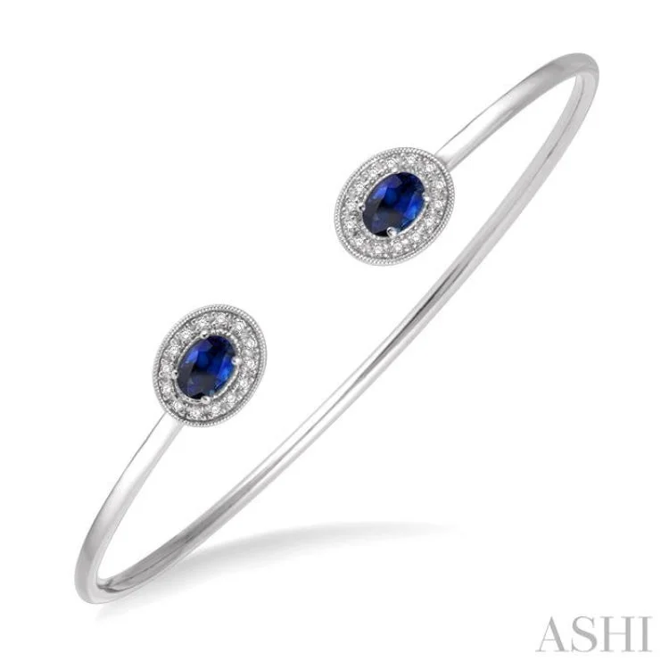 Women’s multi-strand bracelets-1/5 Ctw Oval Cut 6x4mm Sapphire & Round Cut Diamond Precious Flexi Bangle in 14K White Gold