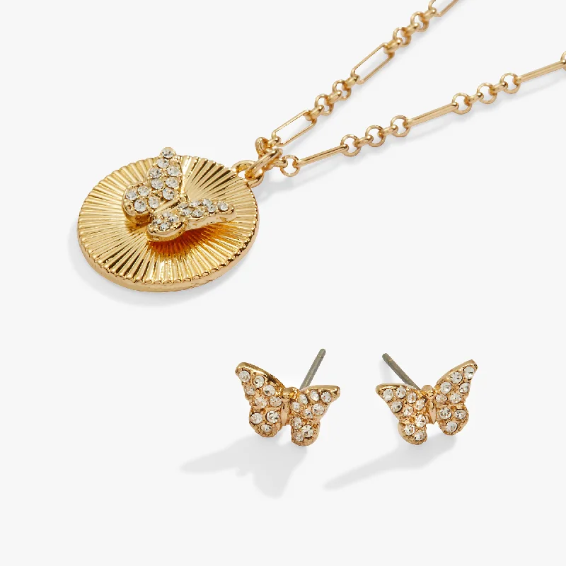 Women’s polished gold necklaces-Butterfly Charm Necklace and Stud Earring Gift Set