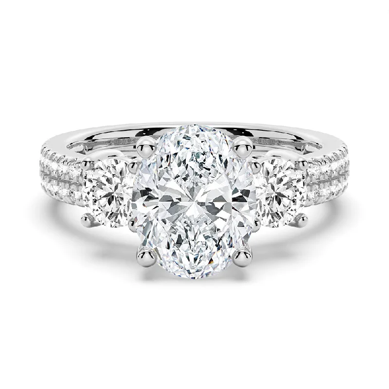 Women’s eternity diamond engagement rings-Double Row Pave Three Stone Oval Cut Engagement Ring