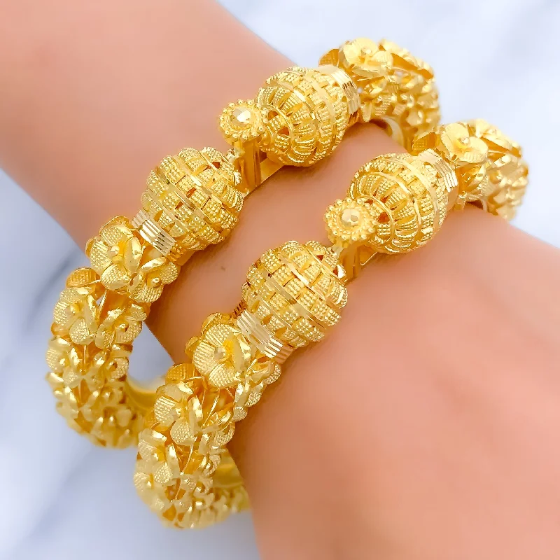 Women’s wide cuff bracelets-Extravagant Blooming Floral 22k Gold Pipe Bangles