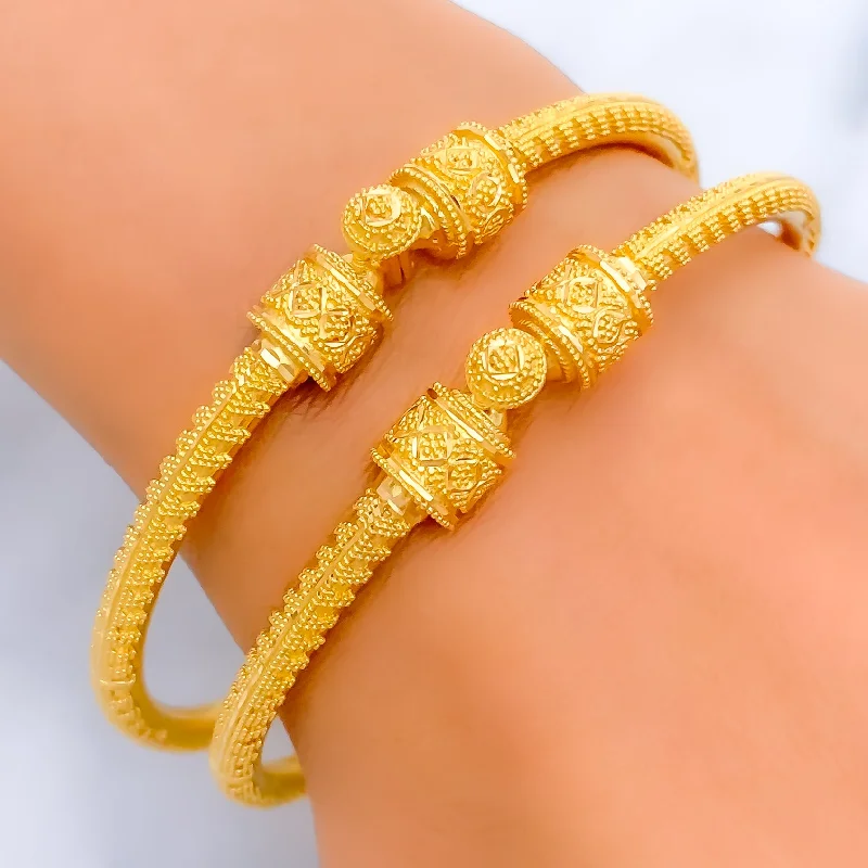 Women’s luxury bracelets-Elegant Barrel Bead 22k Gold Pipe Bangles