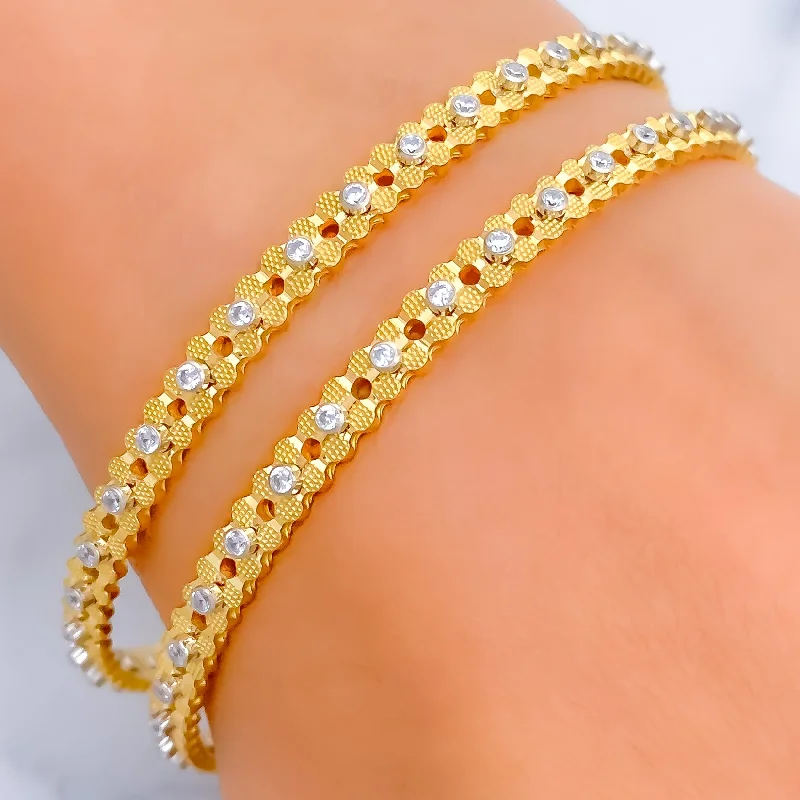 Women’s beaded bracelets-Dazzling Floral 22k Gold CZ Bangle Pair