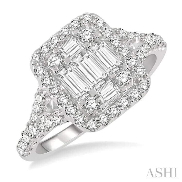 Women’s halo engagement rings-1 Ctw Baguette & Round Cut Fusion Diamond Ring in 14K White Gold