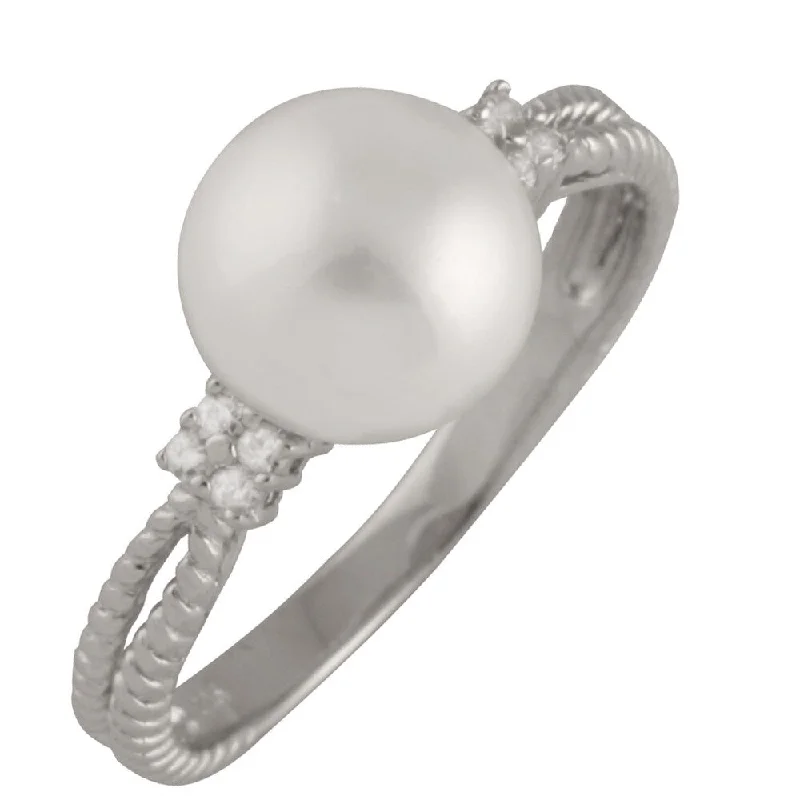 Women’s wide band rings-Sterling Silver Quad Cubic Zirconia Ribbed Pearl Ring (8-9mm)