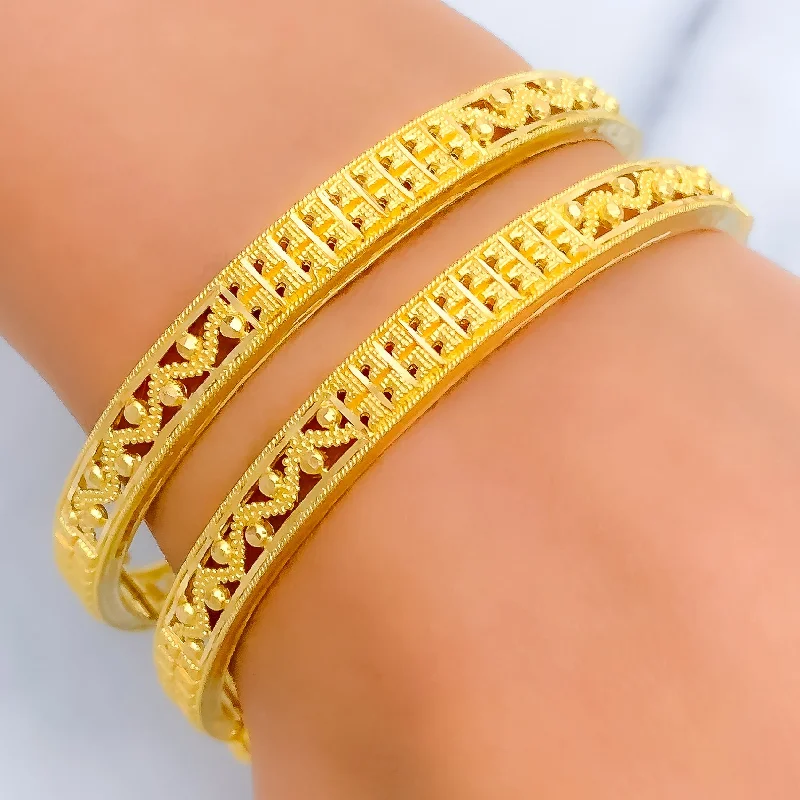 Women’s gold bracelets-Alternating Wavy 22k Gold Bangle Pair