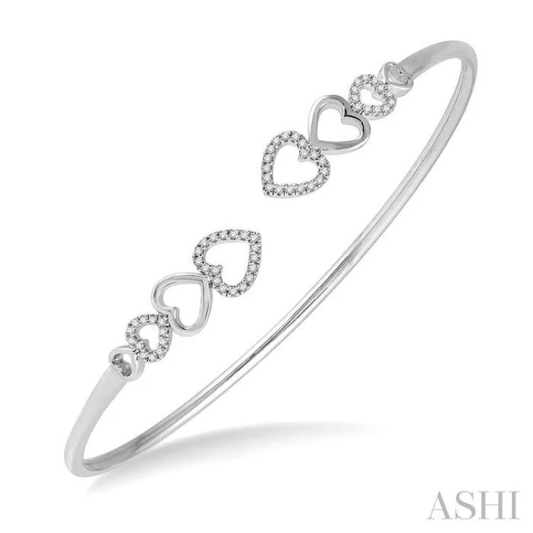 Women’s engraved cuff bracelets-1/4 Ctw Heart Charm Open Center Round Cut Diamond Flexi Bangle in 10K White Gold