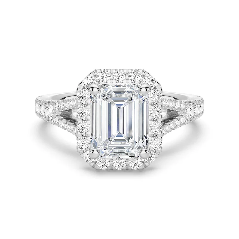 Women’s simple solitaire engagement rings-Emerald Cut Split-Shank Halo Engagement Ring