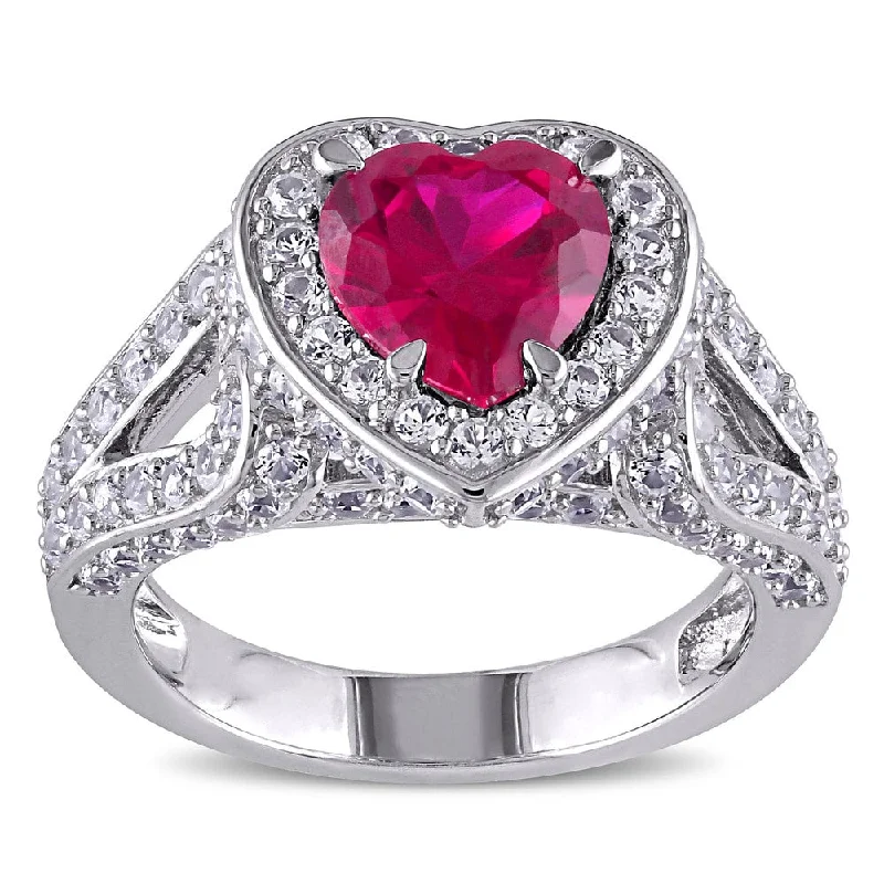 Women’s simple rings-Miadora Sterling Silver Created Ruby and Created White Sapphire Heart Ring