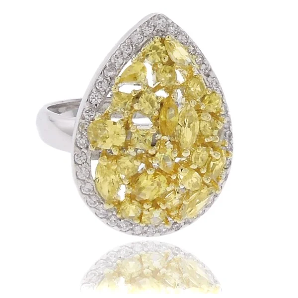 Women’s eco-friendly rings-Dolce Giavonna Silver Overlay Yellow and White Cubic Zirconia Teardrop Ring